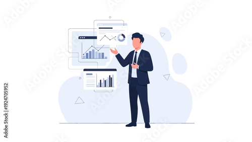 Businessman presenting financial data charts and graphs on screens