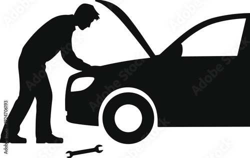 Car mechanic silhouette repairing vehicle engine with open hood and wrench tool, auto service and maintenance concept illustration