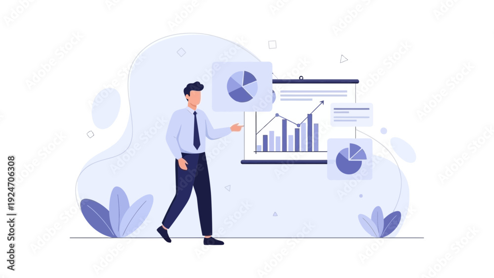 Obraz premium Businessman presenting financial growth charts and pie diagrams on a whiteboard