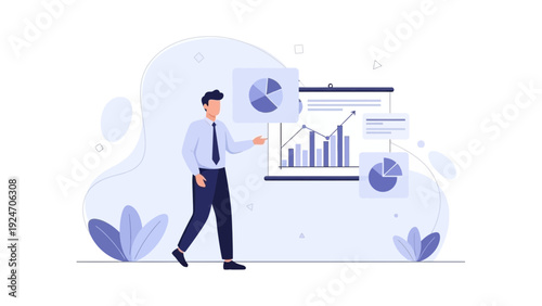 Businessman presenting financial growth charts and pie diagrams on a whiteboard