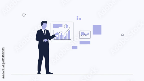 Businessman presenting financial growth charts on a digital screen