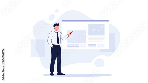 Businessman presenting financial report on digital screen with charts and graphs