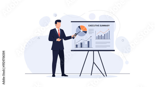 Businessman presenting financial report on whiteboard with charts and graphs