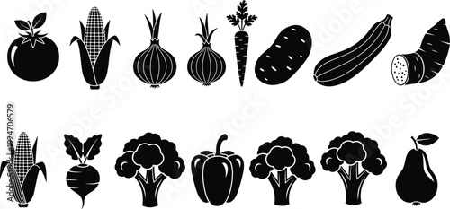 Black and white vegetable and fruit silhouette icon collection with corn carrot broccoli pepper pear vector illustration set