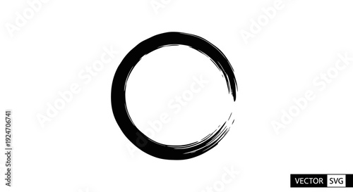 Black ink brush stroke circle, zen symbol, hand drawn, isolated on white background