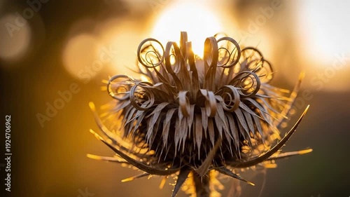 4K cinematic vido of dried thistle flower glowing in golden sunset light