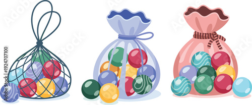 Three colorful bags filled with assorted marbles in mesh, cloth, and drawstring styles symbolizing play, collection, variety, and childhood games