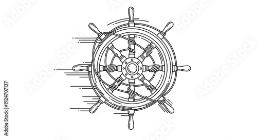 Vintage ship steering wheel with motion blur, black and white sketch style