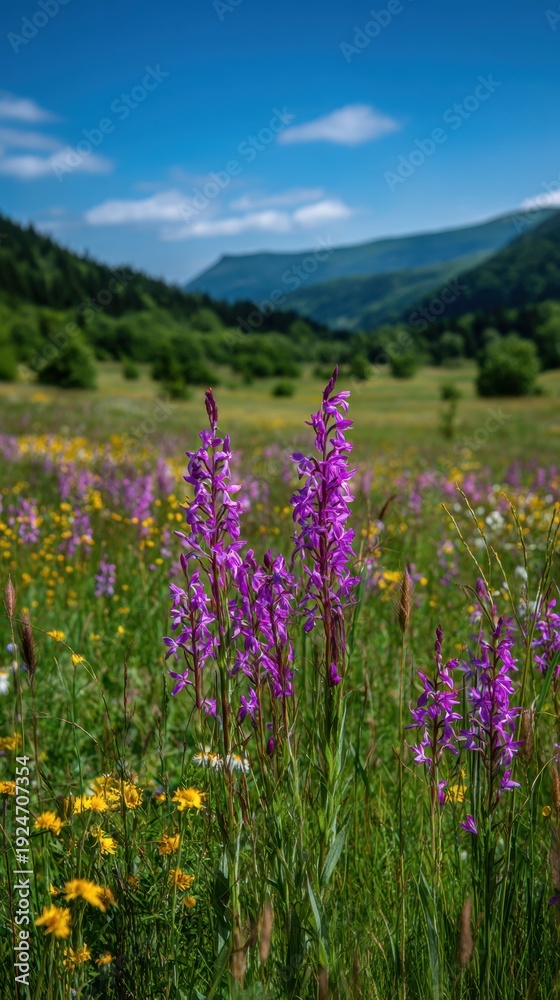 Obraz premium Scenic mountain valley covered with vibrant purple wildflowers and green forests under blue sky, summer alpine landscape.