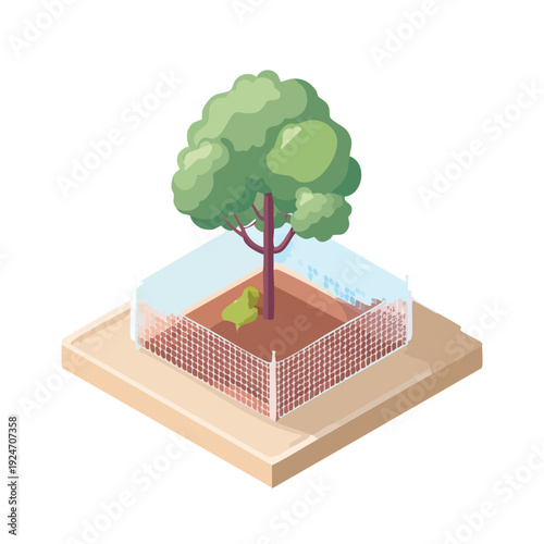 Flat color vector illustration of a tree protected by wire mesh fence in a farm of Bangladesh