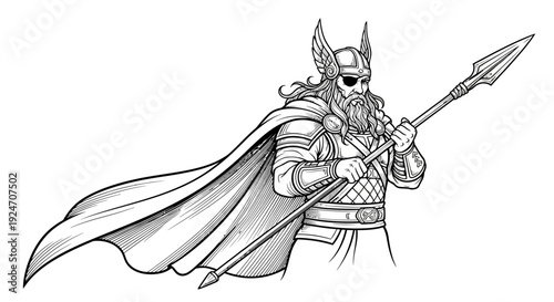 Viking warrior with spear and helmet, black and white illustration