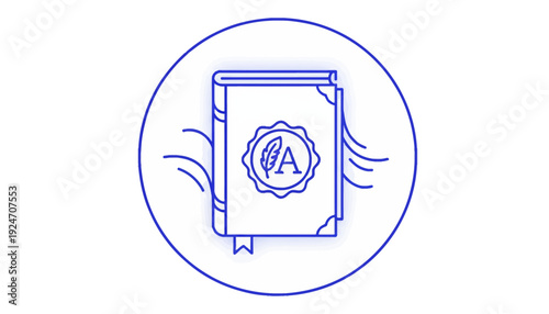 Vintage Book Icon with Feather and Letter A Emblem, Symbolizing Knowledge, Wisdom, and Education