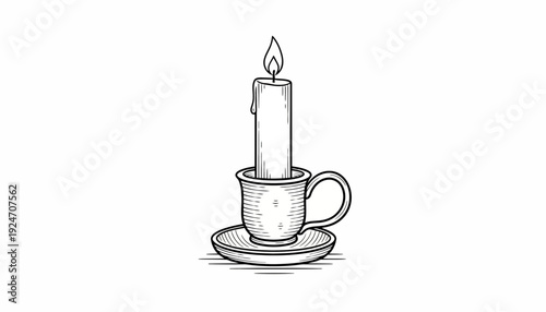 Vintage Candle Holder with Burning Candle, Hand-Drawn Sketch Style