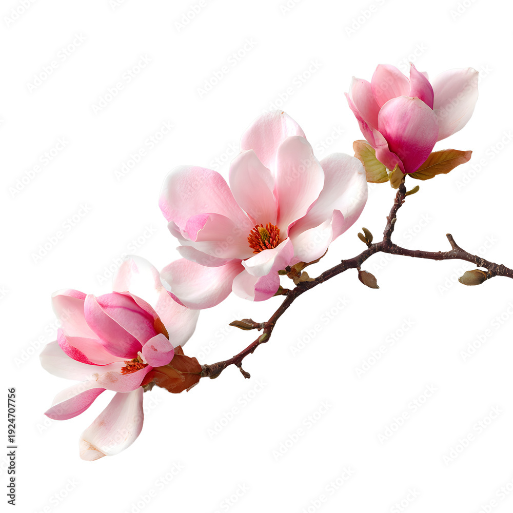 Obraz premium Stunning Pink Magnolia Blossoms Branch Isolated Image for Professional Use