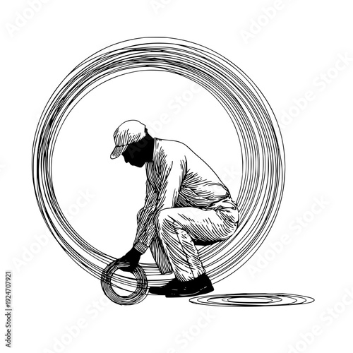 Man Changing Tire in Circle