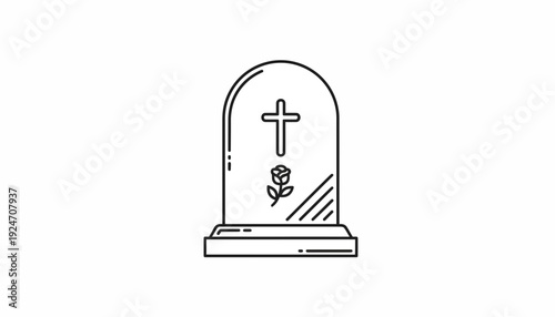 Tombstone with Cross and Rose Icon, Funeral, Memorial, Grief, Death, Cemetery Symbol