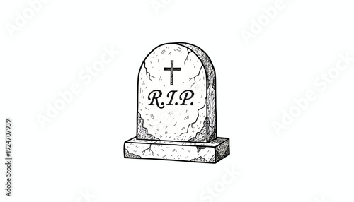 Tombstone with RIP and Cross, Hand-Drawn Sketch, Funeral, Mourning, Death Symbol