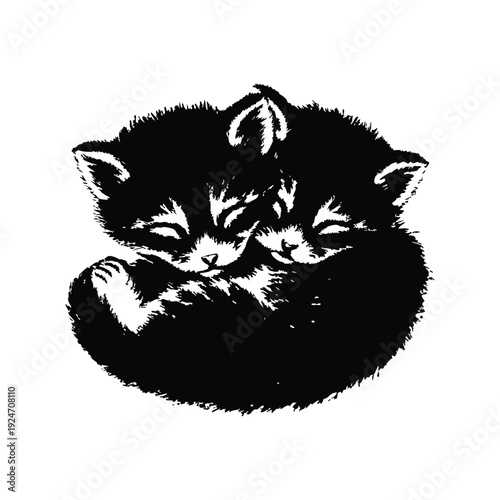 Black and white retro vintage illustration of two cute little cats hugging, curled up bodies hand drawn style vector art