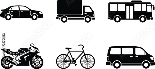 Black and white vector illustration set of transportation icons including car, truck, bus, motorcycle, bicycle, and van for logistics design.