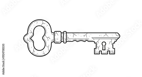 Antique Skeleton Key with Ornate Handle and Cracked Texture