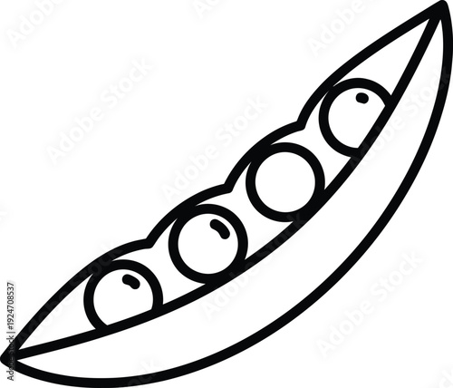 Simple black and white illustration of a pea pod with four peas inside.