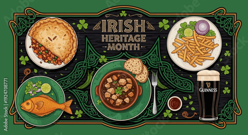 Vector illustration of traditional Irish dishes and beer for Irish Heritage Month with a Celtic leafy background and shamrock symbol.