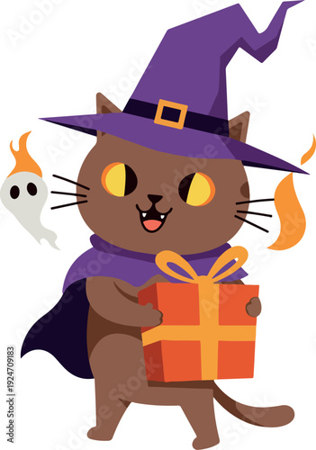 Cute Halloween Cat Witch Holding Gift Orange Present Purple Hat
