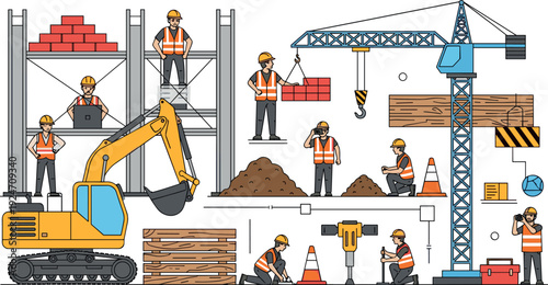 Construction site illustration with workers, crane and excavator, building process teamwork, safety equipment and heavy machinery, industrial development concept isolated on white background