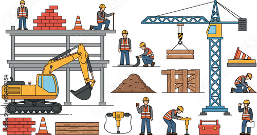 Canvas Print construction, workers, crane, excavator, machinery, equipment, building, industr