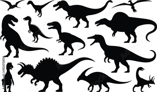 Set of dinosaur silhouettes including Tyrannosaurus Rex, Spinosaurus and Velociraptor, prehistoric animal vector collection isolated on white background