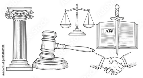 Legal symbols and objects including gavel scales law book and handshake