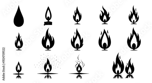 Collection of various fire flame icons in different shapes and sizes