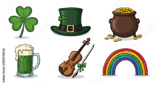 St patricks day celebration symbols with shamrock hat and rainbow