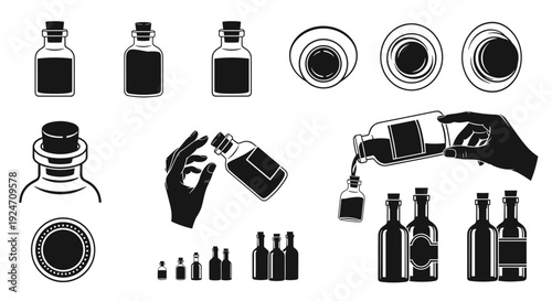 Collection of various bottles and containers with different shapes and sizes