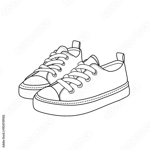 A minimalist line art illustration of a pair of low-top canvas sneakers. Vector illustration, isolated on a white background
