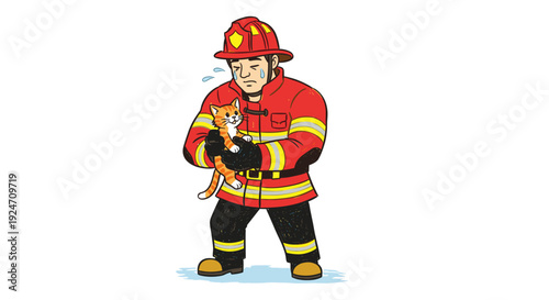 Illustration of a firefighter in full gear holding a hose and helmet