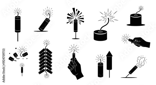 Collection of hand holding various lit firecrackers and sparklers