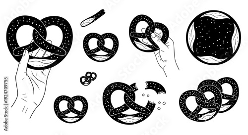 Collection of handdrawn pretzels in various sizes and styles