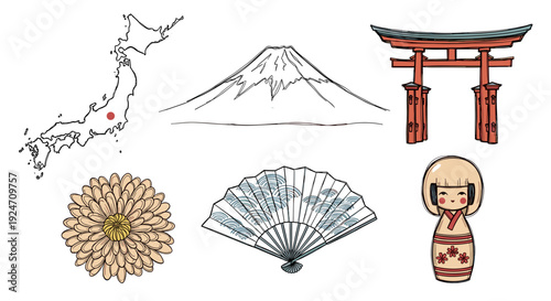 Collection of traditional japanese symbols including mount fuji torii