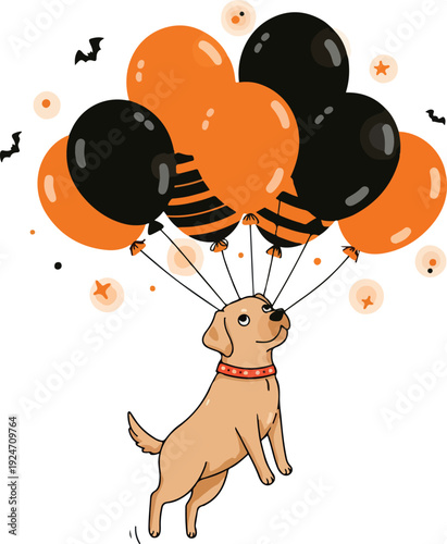 Cute Labrador Dog Floating With Halloween Balloons Orange Black