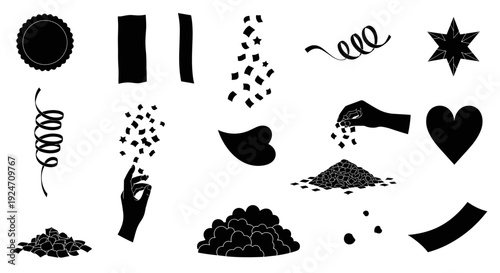 Collection of black silhouettes including hands hearts stars and confetti