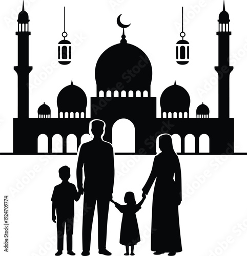 Muslim family silhouette standing in front of grand mosque with crescent moon and lanterns, Islamic culture and Ramadan concept illustration