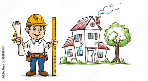 Cartoon builder character with measuring ruler and blueprint in front of house