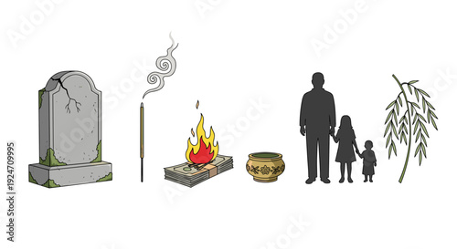 Set of four images depicting life stages and memorial elements