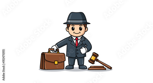 Cartoon businessman character with briefcase and gavel standing