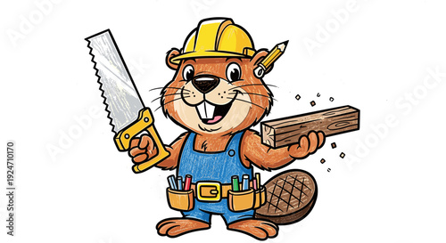 Cartoon beaver construction worker holding saw and wood on site