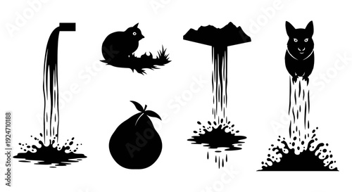 Set of black silhouettes of animals and nature elements