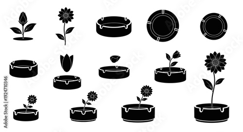 Set of black and white icons depicting plant growth and gardening