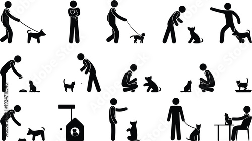 Set of pet care silhouettes with dog and cat, feeding walking training grooming veterinary concept vector illustration