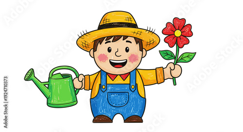 Cute cartoon boy wearing straw hat holding flower and watering can